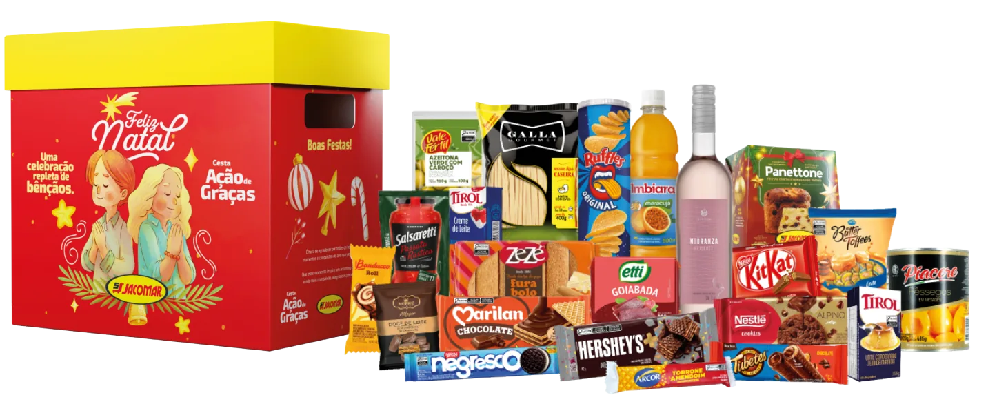 Caixa Ação de Graças com panettone, vinho Mioranza frisante, massa, batata Ruffles e doces