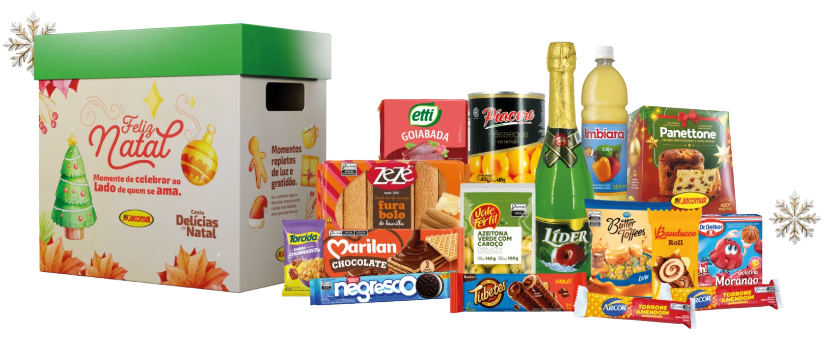 Caixa Delícias de Natal com panettone, Filtrado Líder, suco, goiabada, pêssego em calda e doces