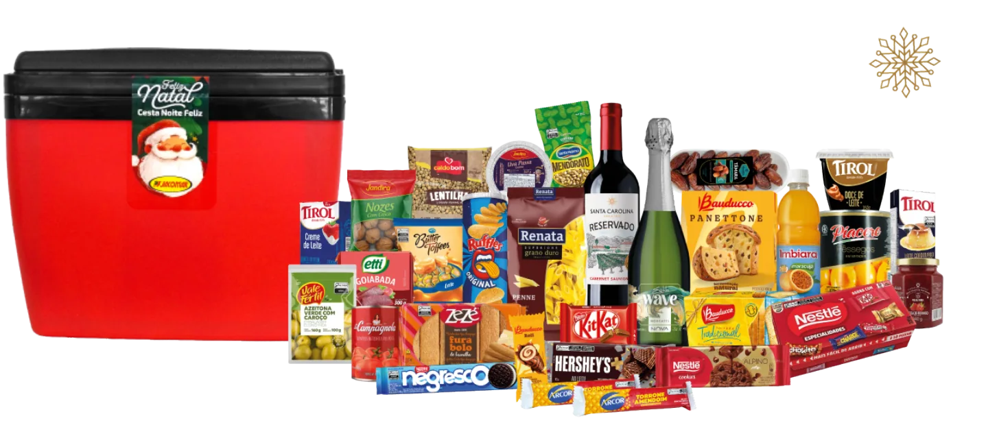 Caixa térmica Noite Feliz com panettone Bauducco, vinho tinto, espumante, castanhas e doces