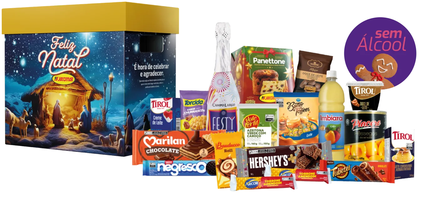 Caixa Natal de Paz sem álcool com panettone, espumante Festy sem álcool, suco e doces
