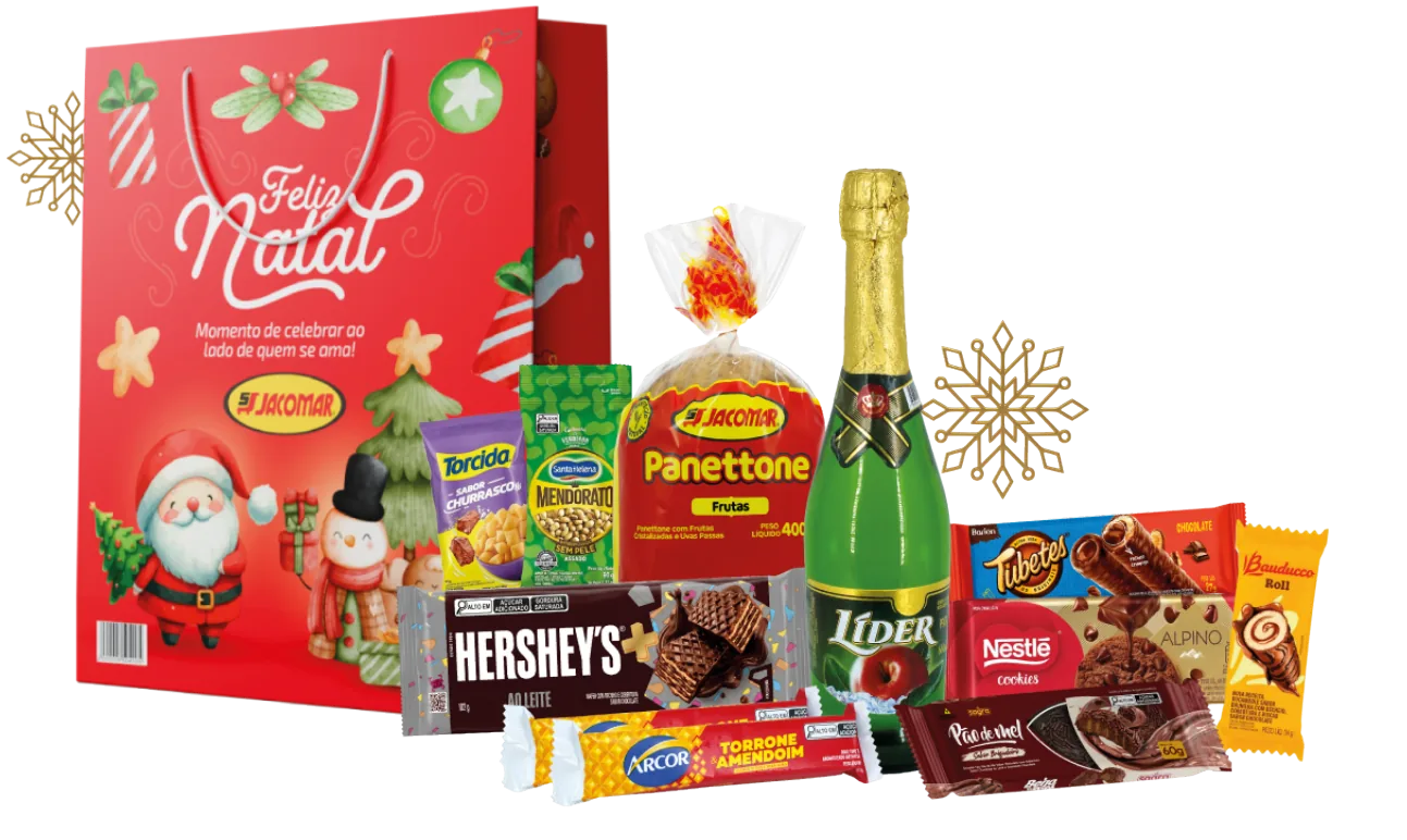 Sacola de Natal Jacomar com panettone, Filtrado Líder, chocolates e salgadinhos
