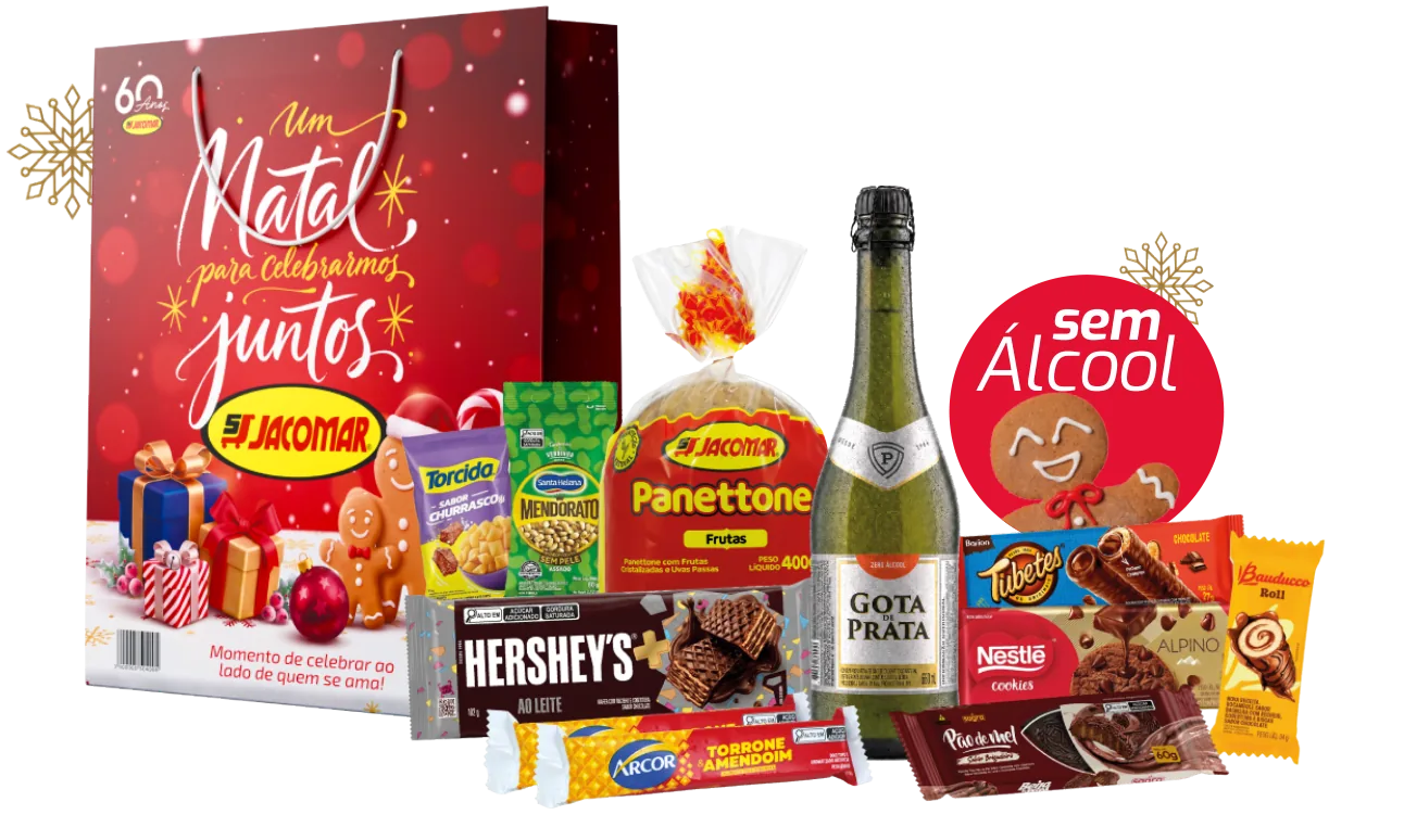Sacola de Natal Jacomar sem álcool com panettone, sidra Gota de Prata, chocolates e salgadinhos