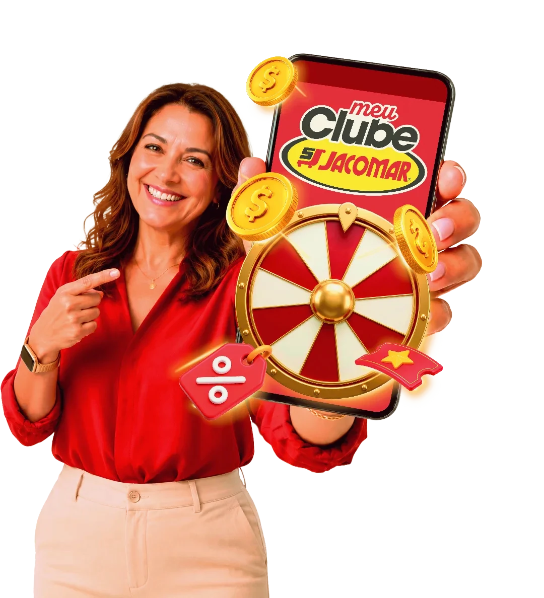 Mulher sorrindo apontando para o celular com o app Meu Clube Jacomar e a Roleta Premiada